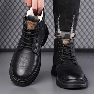 Bottes Martin pour hommes, hauteur cheville, bout rond, talon plat, doublure en fourrure, semelle extérieure en caoutchouc antidérapante, à lacets, chaussures d'hiver - Product Image 3