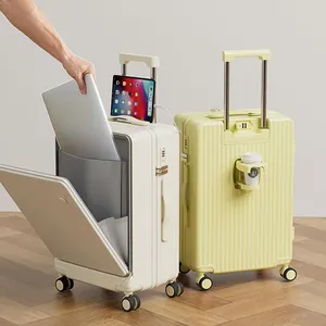 多功能前开放式Usb自有标签行李箱套装，带充电器更换轮轻质行李箱