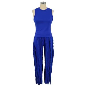 Pantalon <span class=keywords><strong>long</strong></span> à franges deux pièces pour femmes et ensemble décontracté sans manches avec garniture en dentelle tenue d'été sexy - Product Image 6
