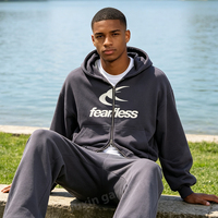 Ensemble survêtement homme personnalisé avec sweat à capuche double fermeture éclair et pantalon de survêtement en molleton épais de coton, imprimé sérigraphié, coupe oversize, vente en gros