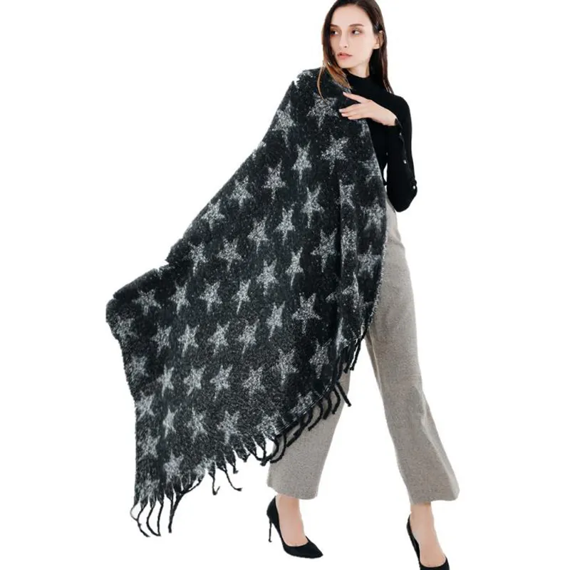 CUHAKCI Fashion Large Scarves Women Long Tassel Winter Simulate Cashmere Star pattern Soft Warm Scarf Wrap Shawl Plaid Scarf