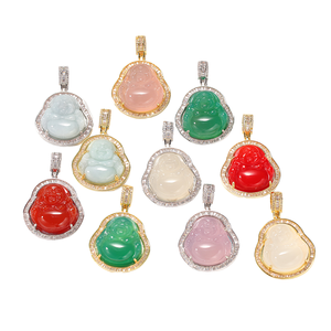 Collier pendentif Bouddha en agate jade rose vert rouge <span class=keywords><strong>glacé</strong></span> Hip Hop avec cordon, plaqué argent CZ, cadeau de fiançailles, bijoux pour femmes et hommes - Product Image 3