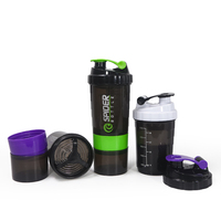 Bouteille shaker de protéines de gymnastique en plastique noir à trois couches de 500ml sans BPA avec logo personnalisé bouteille d'eau de gymnastique sportive avec marqueur à tiques