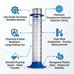 Cilindro Graduado de Vidrio Borosilicato de 50-500 ml con Base Hexagonal Azul, Protector de Boquilla y Borde, Material de Vidrio para Medición en Laboratorio - Product Image 2