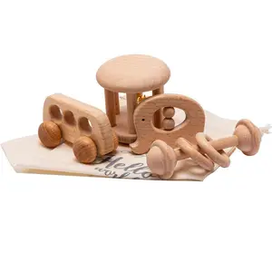 Montessori Organic Infant Toddler Grasping And Chewing Wooden Baby Teething Toys Molars Soothing Natural Wooden Teether Rattles
