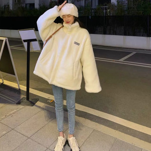 White Faux Fur Coat Women's Loose Thickened Winter Jacket Stand Collar Warm Outwear - Product Image 4