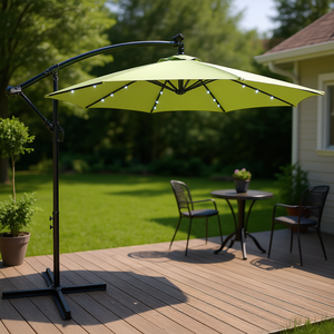 Parasol solaire vert citron de 3 m avec 8 baleines, base croisée à manivelle et éclairage LED intégré – Lampe de table solaire - Product Image 2