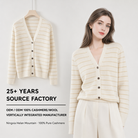 100% Kaschmir Langer Knopf-Cardigan für Damen V-Ausschnitt Gestreifter Gerippter Strick Winter Warm Maßgefertigt Großhandel