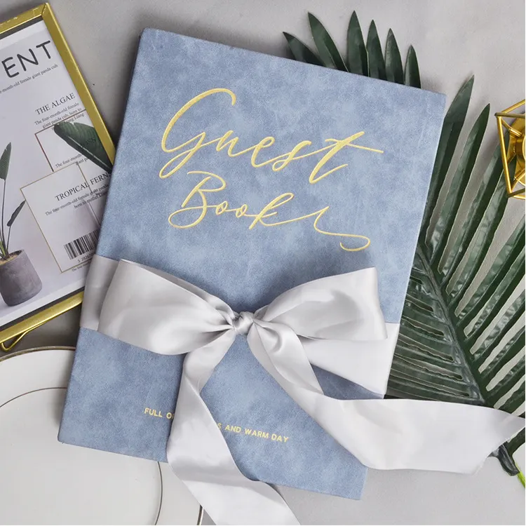 Velvet Hardcover Party Check-in Book Gold Foil Stamping Wedding Guest Book Empty With Ribbon