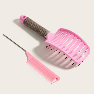 Grand peigne à cheveux incurvé, lot de 2, peigne de massage à neuf rangées, peigne à queue pointue pour cheveux bouclés, peigne lissant en plastique rose - Product Image 4
