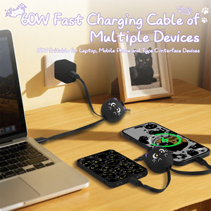 สายชาร์จ USB อเนกประสงค์แบบ2 in <span class=keywords><strong>1</strong></span>, สายชาร์จ USB อเนกประสงค์สำหรับ iPhone 3A แมวสีดำแบบยืดหดได้ - Product Image 4