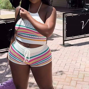 2025 nuova estate unica donna Street Wear vestito in maglia senza maniche striscia <span class=keywords><strong>Crop</strong></span> <span class=keywords><strong>Top</strong></span> e pantaloncini abbinati Set 2 pezzi - Product Image 3