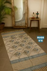 Blue Floral Buti <b>Block</b> Print Cotton Rug 4x6 Handmade Carpet with Tassels Boho Floor Mat Home Decor - Product Image 3