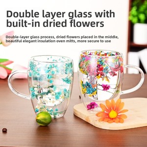 Thiết kế hiện đại New cao thủy tinh borosilicate cup với hoa khô Xử lý cách điện hai lớp đồ uống uống uống Cup cho các bên - Product Image 6