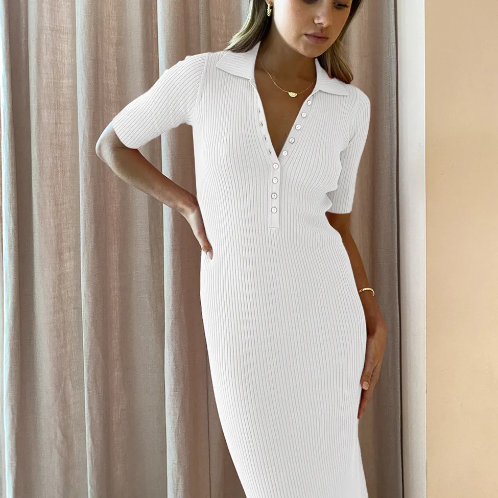 2023 Long Women Ribbed V neck Sexy Dresses Button Design Half Sleeve Casual Dress