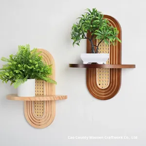 Massief houten <span class=keywords><strong>vintage</strong></span> wandplank in wabi-sabi stijl, multifunctioneel decoratief wandrek, rotan plantenbakrek voor de woonkamer - Product Image 3