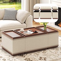 Pouf de rangement rectangulaire avec trois portes de rangement, en lin, moderne, pour chambre et salon, table basse ottoman