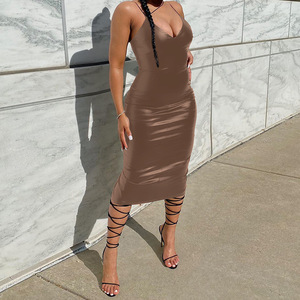 <span class=keywords><strong>Abito</strong></span> estivo in <span class=keywords><strong>pelle</strong></span> PU senza maniche Sexy Lady Bodycon Maxi <span class=keywords><strong>abito</strong></span> in ecopelle <span class=keywords><strong>marrone</strong></span> nero donna - Product Image 2