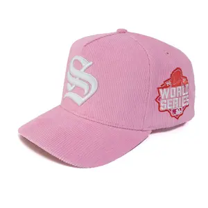 Oem Fabriek Prijs Roze Corduroy 5 Panel Baseball Cap Met Logo Geborduurd 3D Verhoogde Logo Muts Warme Stijl Een size Hoed