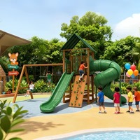 Aire de jeux en bois écologique pour enfants, avec cabane en bois stabilisé, double toboggan, balançoires multiples et filet d'escalade actif, pour parcs commerciaux et jardins