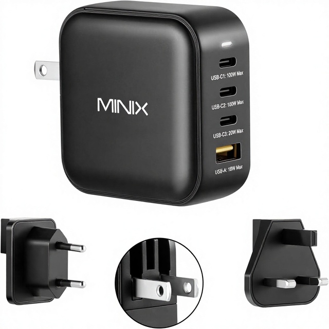 MINIX NEO P3 100W GaN Fast Charging Wall Charger 3 USB-C 1 USB-A Ports Foldable Travel Design for Laptop Mobile Phone Smart