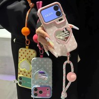 Coque souple pour Apple 17PROMAX avec motif ondulé, miroir en forme de cœur, boules colorées, cordon de suspension et support intégré