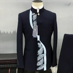 Embroidered Zhongshan Collar Men's Suits Tang Chinese Style 2 Pcs Slim Fitted Suit Men Host Banquet Wedding Plus Size S-5XL