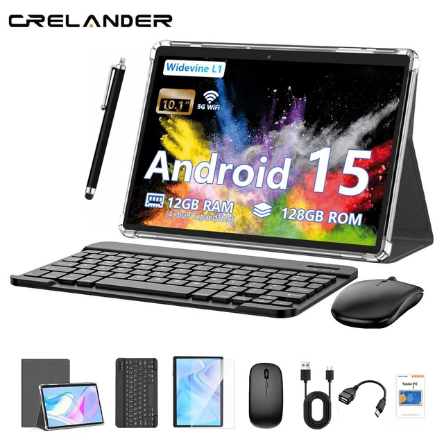 CRELANDER Android 15/16 Tablet PC 10.1 Inch Screen With Wireless Keyboard ,Mouse, Pen , Case,Dual Wifi 2 In1 Tablet Android