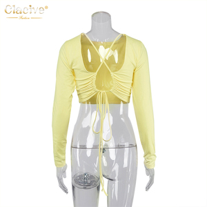 Clacive Nouveau Automne Vêtements À Manches Longues O Cou T Shirt Jaune Élégant Bandage Design Dos Nu Tops T-Shirts Femmes - Product Image 5