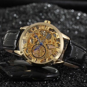Luxury Vintage <b>Skeleton</b> Mechanical <b>Watch</b> for Men Gold Open Work Dial Black Leather Strap Mechanical Wristwatch - Product Image 2