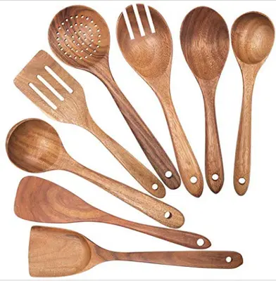 Teakwood-Juego de utensilios de cocina pequeños, utensilios de cocina de madera OEM, herramienta personalizada, 8 piezas, fuente de Material ecológico