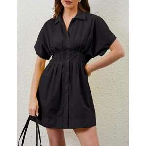 Vestido Camisero Plisado con Botones para Mujer, Manga Corta, Negro, Control de Abdomen, Prenda Moldeadora, Uso Diario, Vestido Casual - Product Image 4