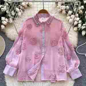 Blouses décontractées à manches longues en maille pour femme, col orné, motifs floraux et perles, hauts élégants pour femme, vente en gros - Product Image 1