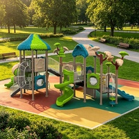 Équipement de terrain de jeu pour enfants en plastique sur le thème de la forêt, personnalisable, avec toboggans multi-voies, toboggans tubulaires, panneaux d'activités, usage commercial