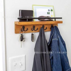Solid Wood Wall <b>Shelf</b> With <b>Hooks</b> For Keys And Mail Storage Office Organizer Rectangle Wall Mounted Type - Product Image 2