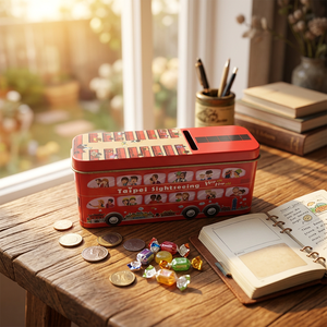 Tirelire en métal amusante en forme de bus avec impression de logo personnalisé, grande boîte de rangement pour enfants et mariages - Product Image 1