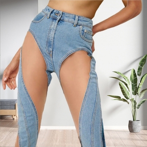 กางเกงยีนส์ทรงตรงกลวงออกกางเกงเซ็กซี่สีทึบ - Product Image 2