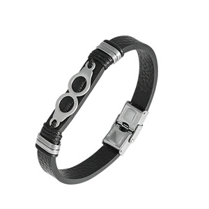 <b>Leather</b> <b>Bracelet</b> With Stainless Steel Infinity Eight Men's Fashion Cuff Gift Jewelry Geometric Design - Product Image 3