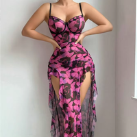Ensemble de robe de soirée sexy pour femme avec imprimé papillon, en tissu tissé, demi-jupe longue à maintien moyen