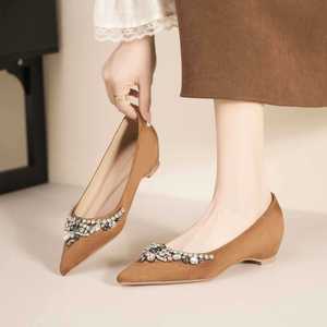 Elegant Pointed Toe <b>Flats</b> With Rhinestone Decoration Faux Suede Slip-On Comfort Women's Shoes Spring <b>Wedding</b> Style - Product Image 1