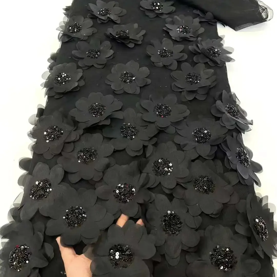 Oem 3d fiore nero paillettes ricamo tessuto di pizzo