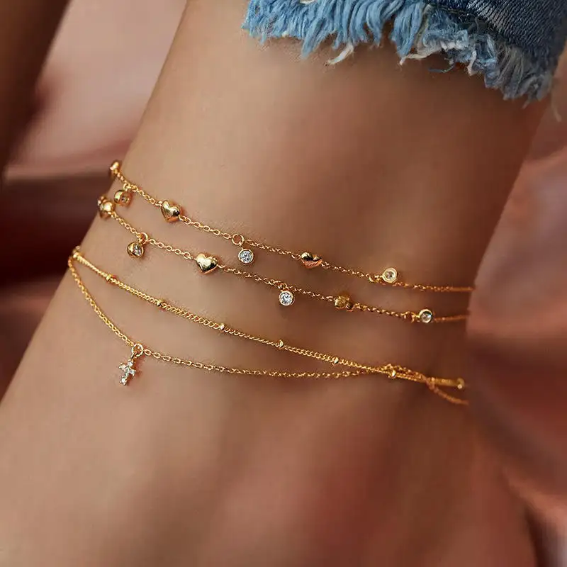 New Design Custom Gold Plated Cross Rhinestone Heart Vintage Feet Anklets Multi 4 Layers Women Foot Bracelet Cross Anklet