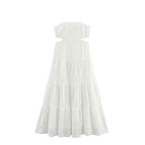 Solid White Color Spaghetti Strap Casual Summer Dress for Women Waist Hollow Midi Length Natural Waistline Collarless <strong>Long</strong> <strong>Slip</strong> - Product Image 1