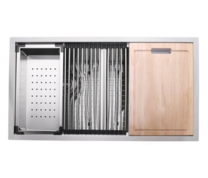 Tazón Rectangular de 33 pulgadas hecho a mano, diseño moderno, estación de trabajo, fregadero de cocina de tres tazones, acero inoxidable 304, un solo orificio, - Product Image 1