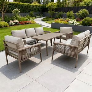 Dwoo Modern Beige Aluminum Woven <b>Rattan</b> Furniture 5 Piece Garden Set 7 Seater Commercial Patio Conversation <b>Sofas</b> Set - Product Image 1