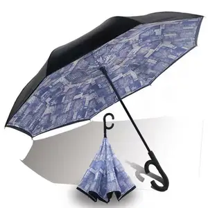 074 핸즈프리 더블 레이어 거꾸로 우산 방수 방풍 태양 직선 우산 C 자형 핸들 자동차 역 우산 1