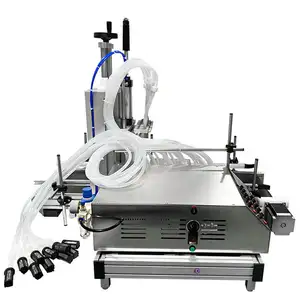 Máquina de llenado de líquidos de botellas de vidrio de escritorio, 6 cabezales, llenadora automática de botellas pequeñas cosméticas de aceite esencial con cinta transportadora
