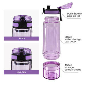 Бутылка для воды 2-в-1 (500 мл + 150 мл) с контейнером для закусок, без бисфенола А, с носиком и ручкой, для индивидуализации, спортивная фляга - Product Image 4