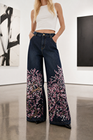 Jean large brodé fleurs de cerisier bleu foncé pour femme, taille haute, motif floral, denim tendance, style vintage Sakura