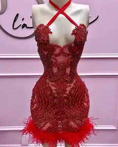 Rayon Bling kırmızı Rhinestone kristal ağır boncuklu tüy elbise kadınlar sıkı diz boyu kırmızı kokteyl parti elbise